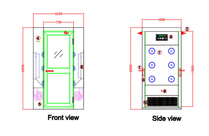 Автоматический дуя ливень воздуха чистой комнаты с дверью качания W730mm алюминиевой, шириной 1230mm 4