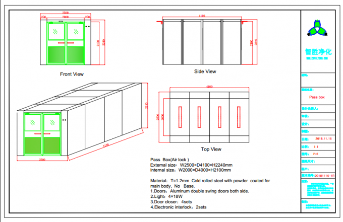 Большая коробка пропуска ливня воздуха для блока выхода/пропуск чистой комнаты через окно 0